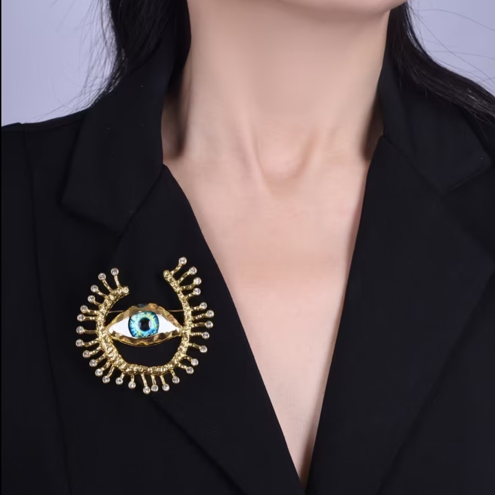 Gold Eye Brooch Pin with Blue Accent - Women's Jewelry